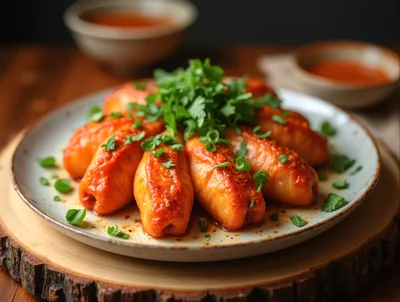 Plate Of Glazed Stuffed Cabbage Rolls With Fresh Herbs