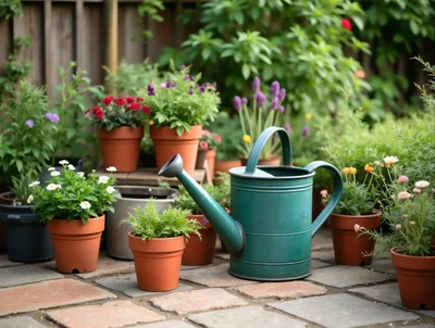 Green Watering Can Among Potted Flowers In Garden