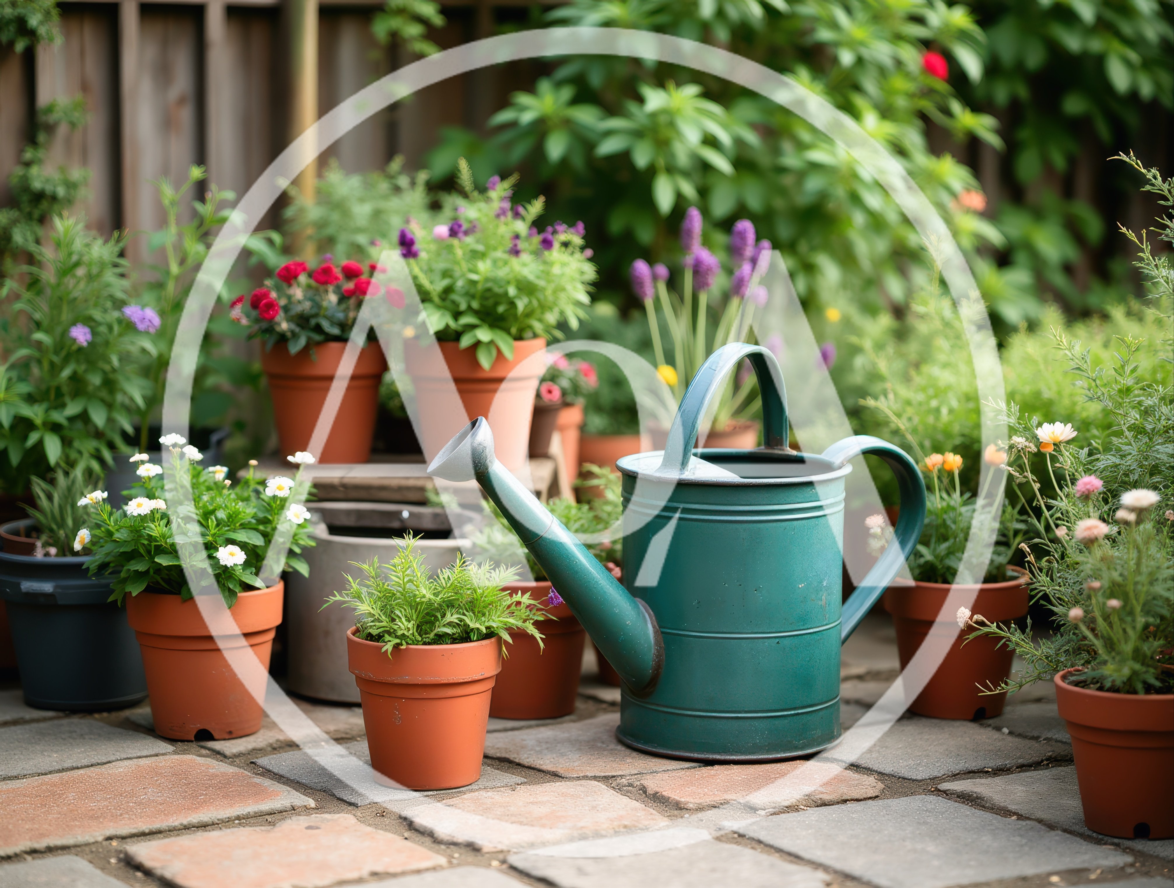 Green Watering Can Among Potted Flowers In Garden