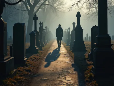 Lone Person Walking Through A Foggy Cemetery Path