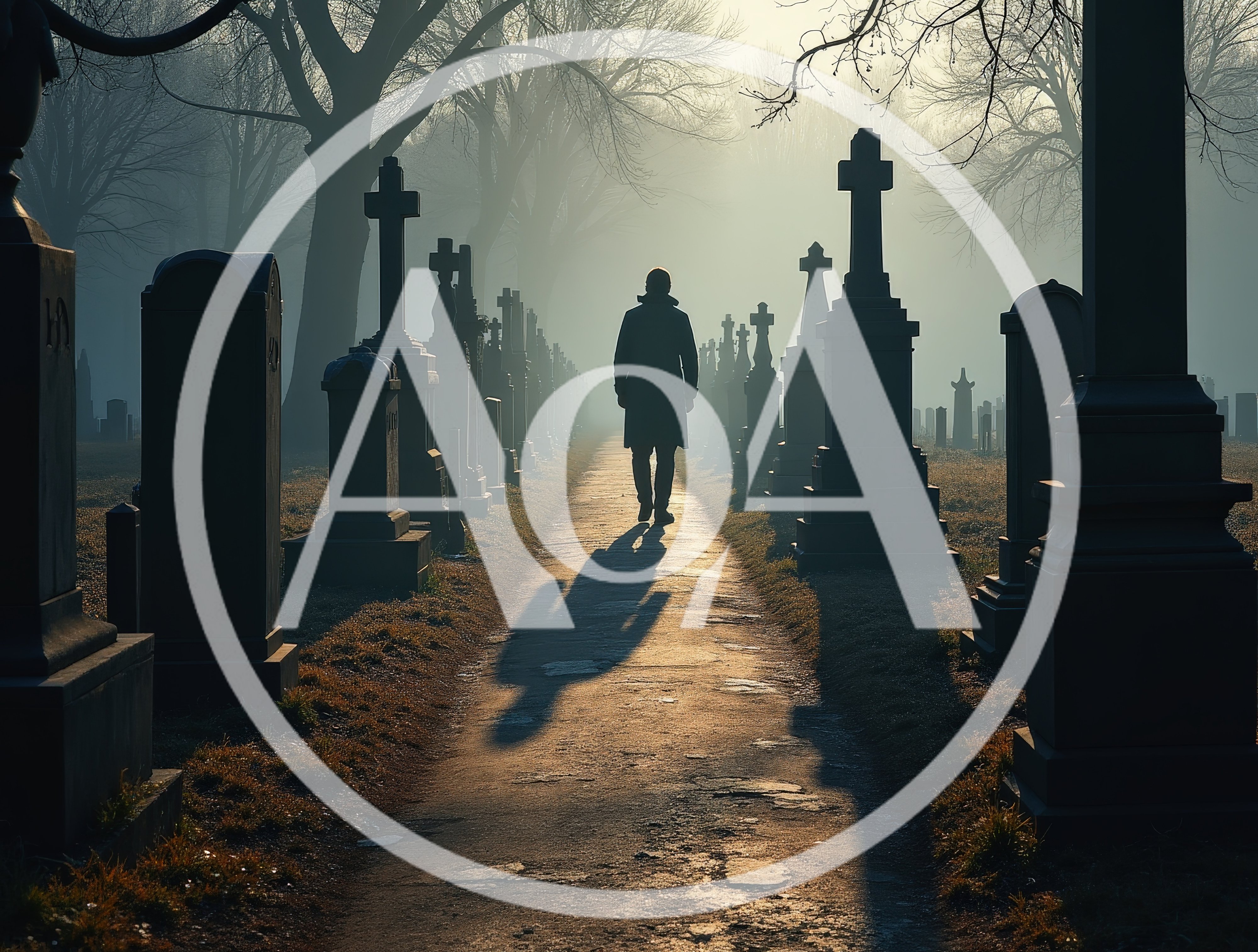 Lone Person Walking Through A Foggy Cemetery Path