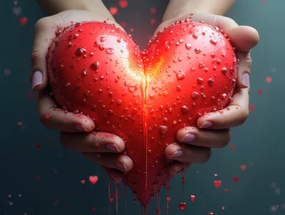 Hands Holding A Glowing Red Heart With Dripping Liquid