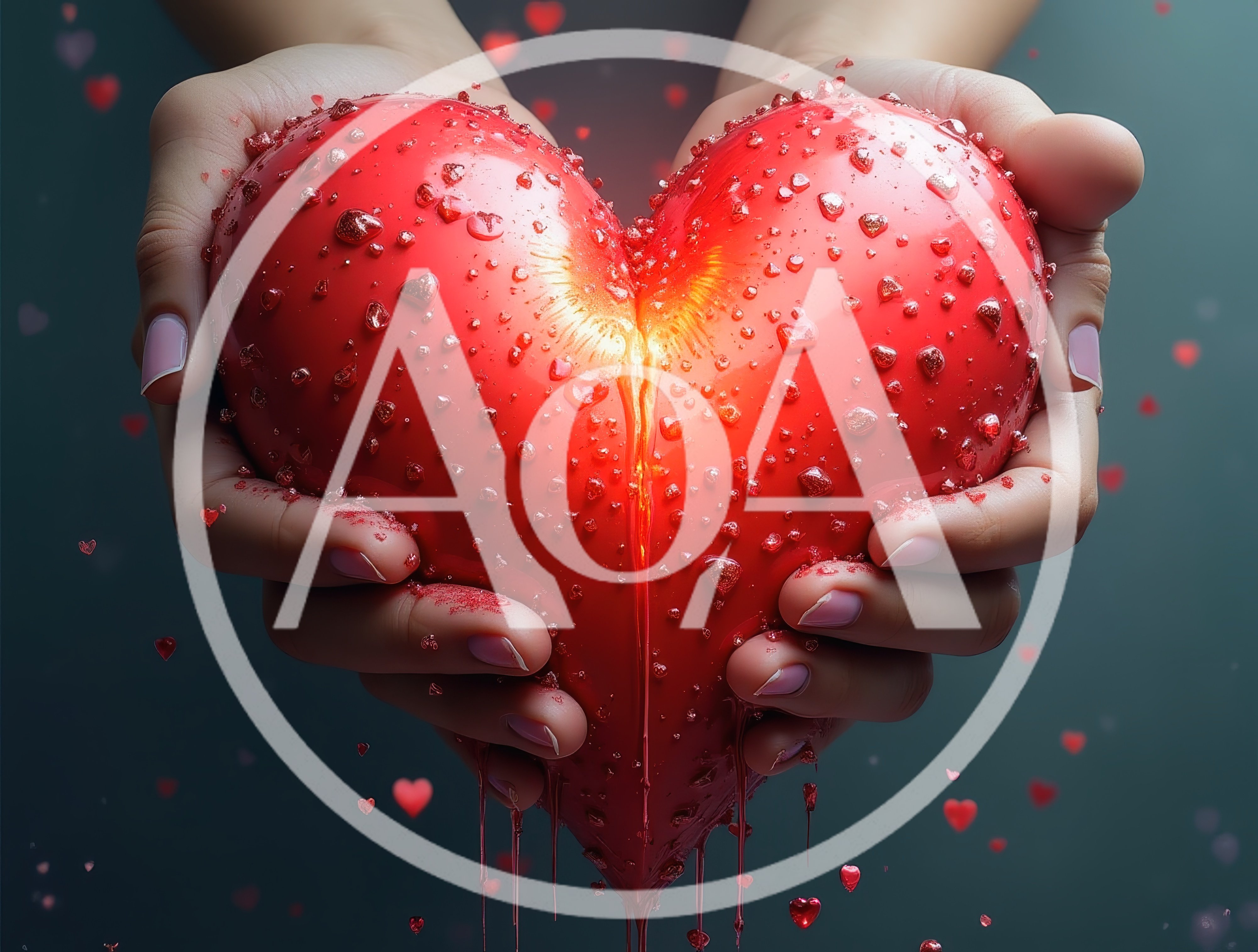 Hands Holding A Glowing Red Heart With Dripping Liquid