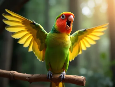 Vibrant Lovebird Perched With Wings Spread Wide