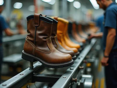 Leather Work Boots Moving Along Factory Assembly Line