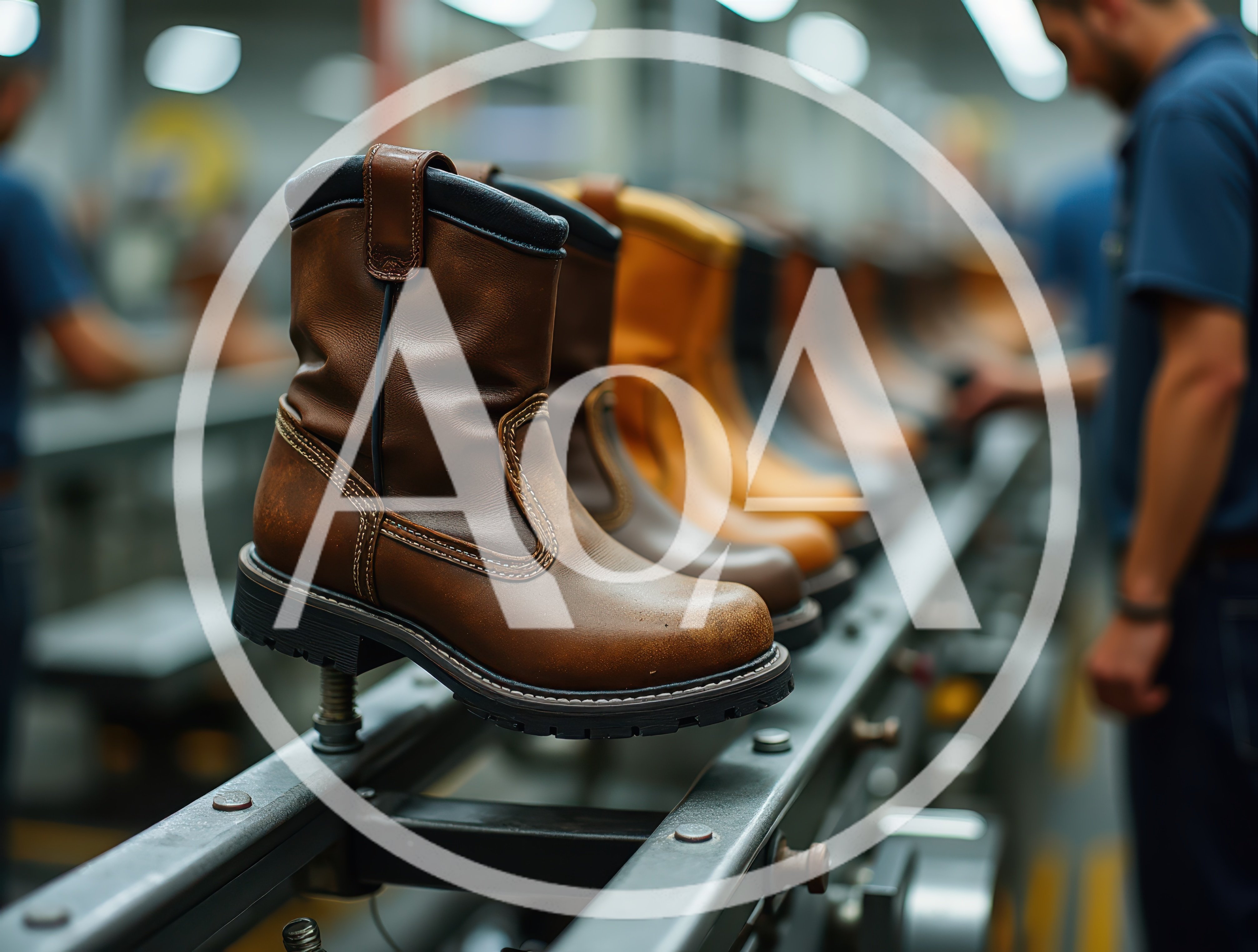 Leather Work Boots Moving Along Factory Assembly Line