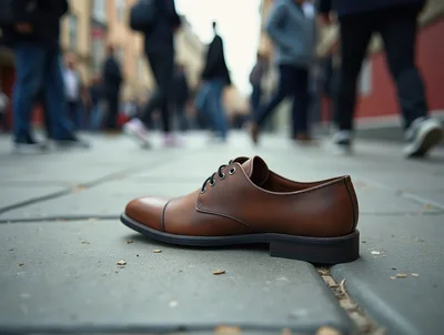 Single Brown Leather Dress Shoe On City Sidewalk