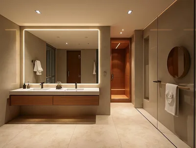 Modern Luxury Bathroom With Double Vanity And Sauna