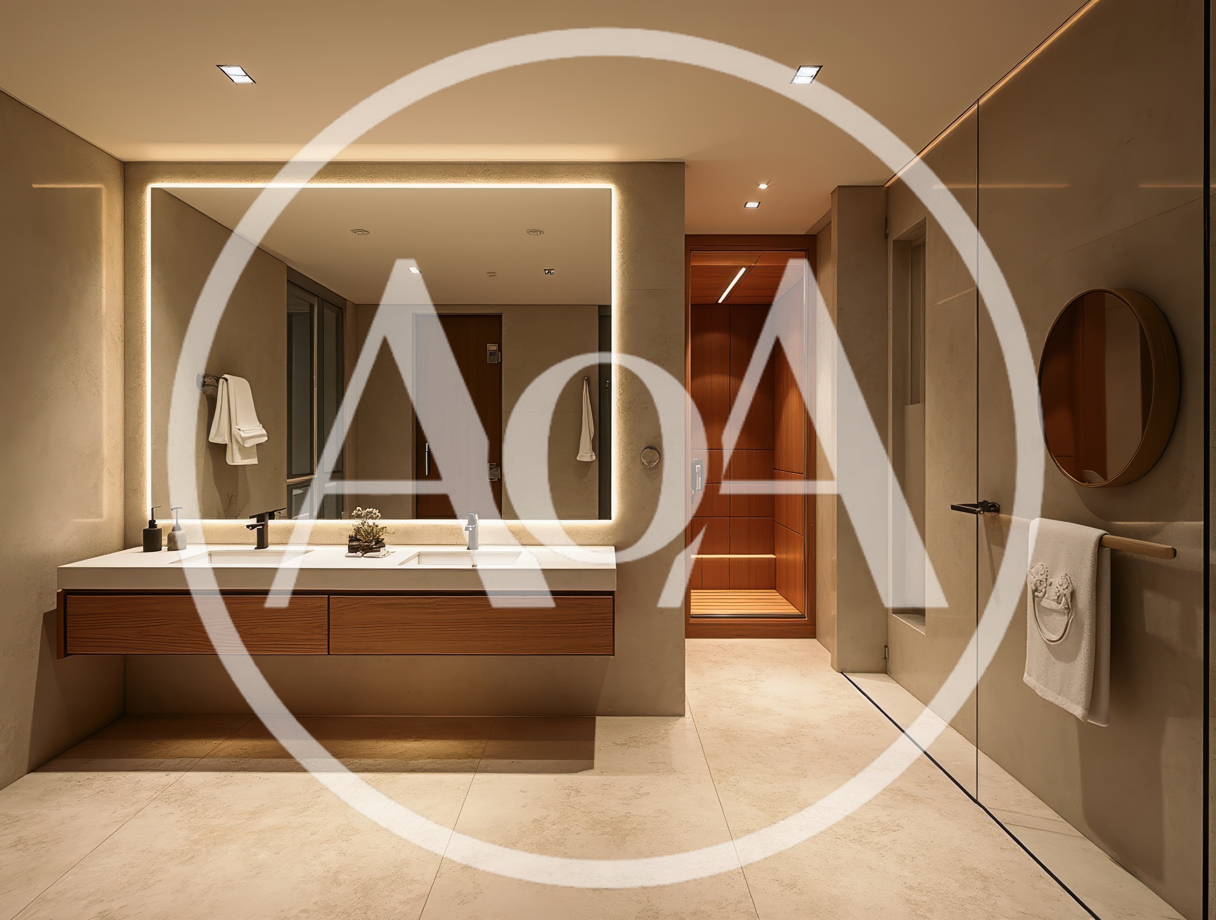 Modern Luxury Bathroom With Double Vanity And Sauna
