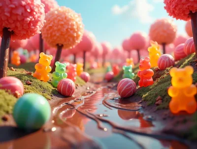Whimsical Candy Land Landscape with Gummy Bears