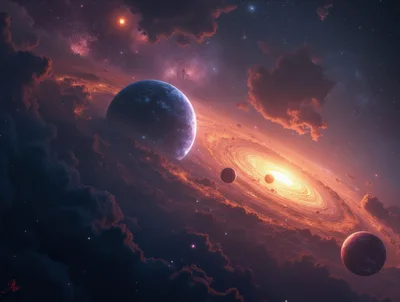 Cosmic Galaxy With Multiple Planets And Glowing Nebula