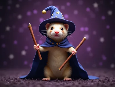 Cute Ferret Wizard Wearing A Magical Cloak And Hat
