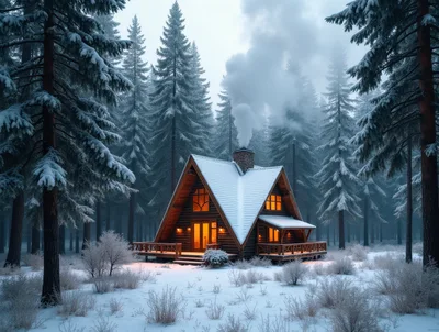 Cozy A-Frame Cabin In Snowy Pine Forest