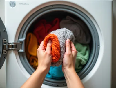 Person Loading Colorful Laundry Into A Washing Machine