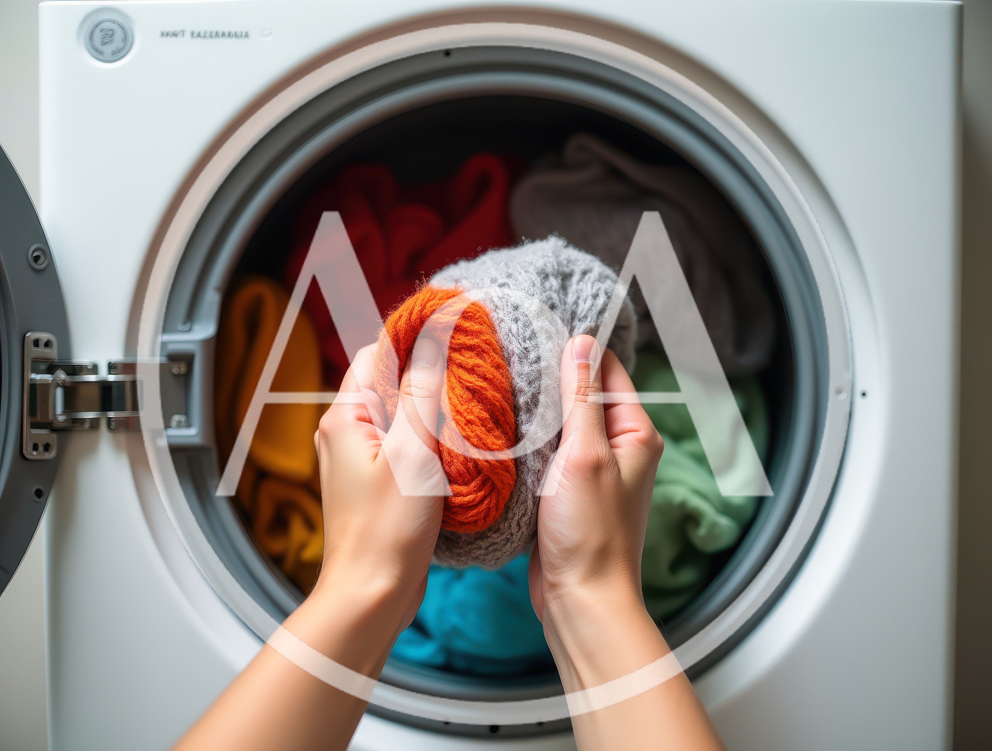 Person Loading Colorful Laundry Into A Washing Machine