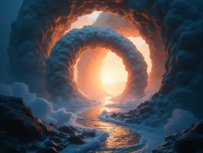 Surreal Cloud Archway Over Glowing Sunset Ocean