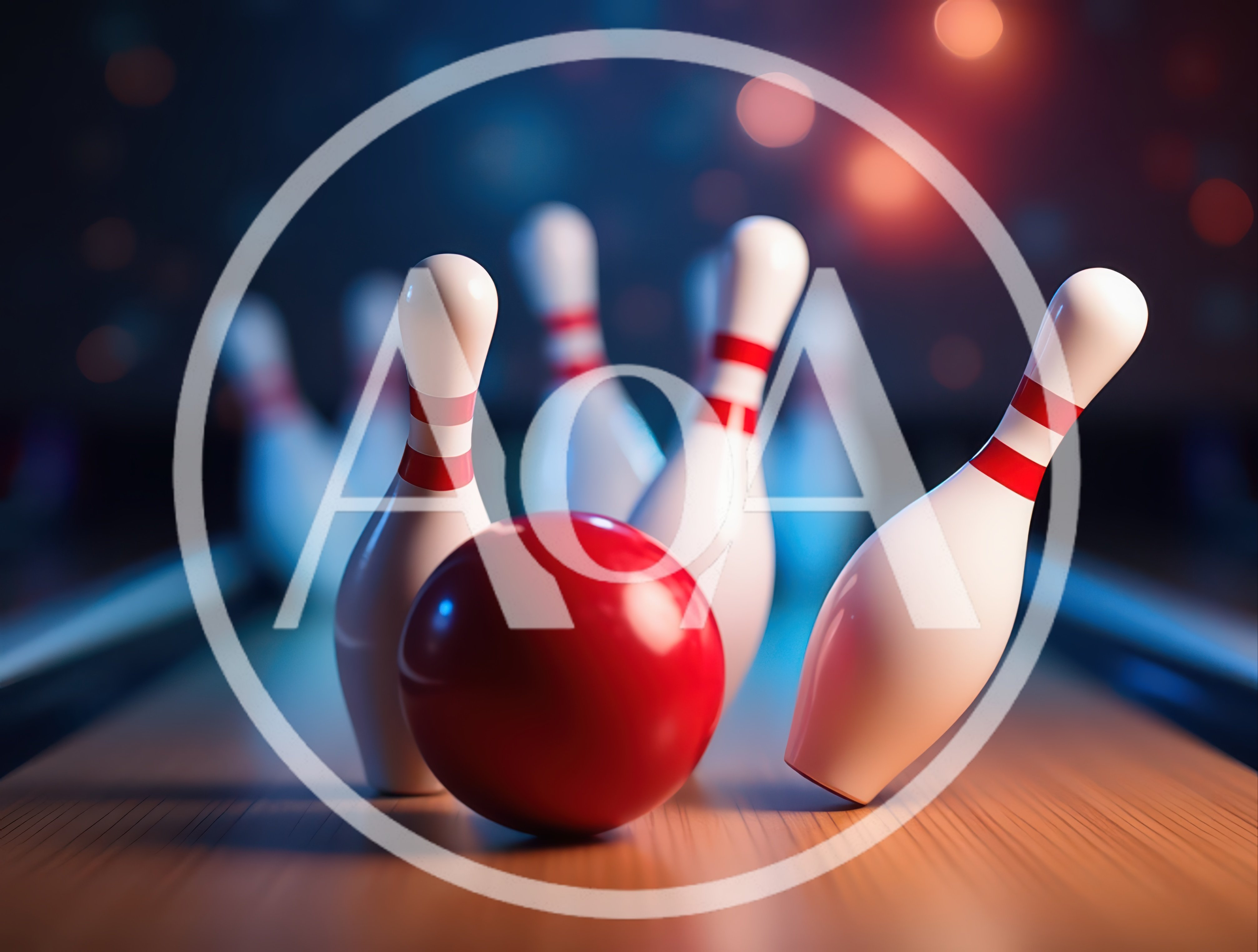 Red Bowling Ball Striking Pins On Lane