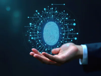 Digital Fingerprint Hologram Hovering Above Human Hand
