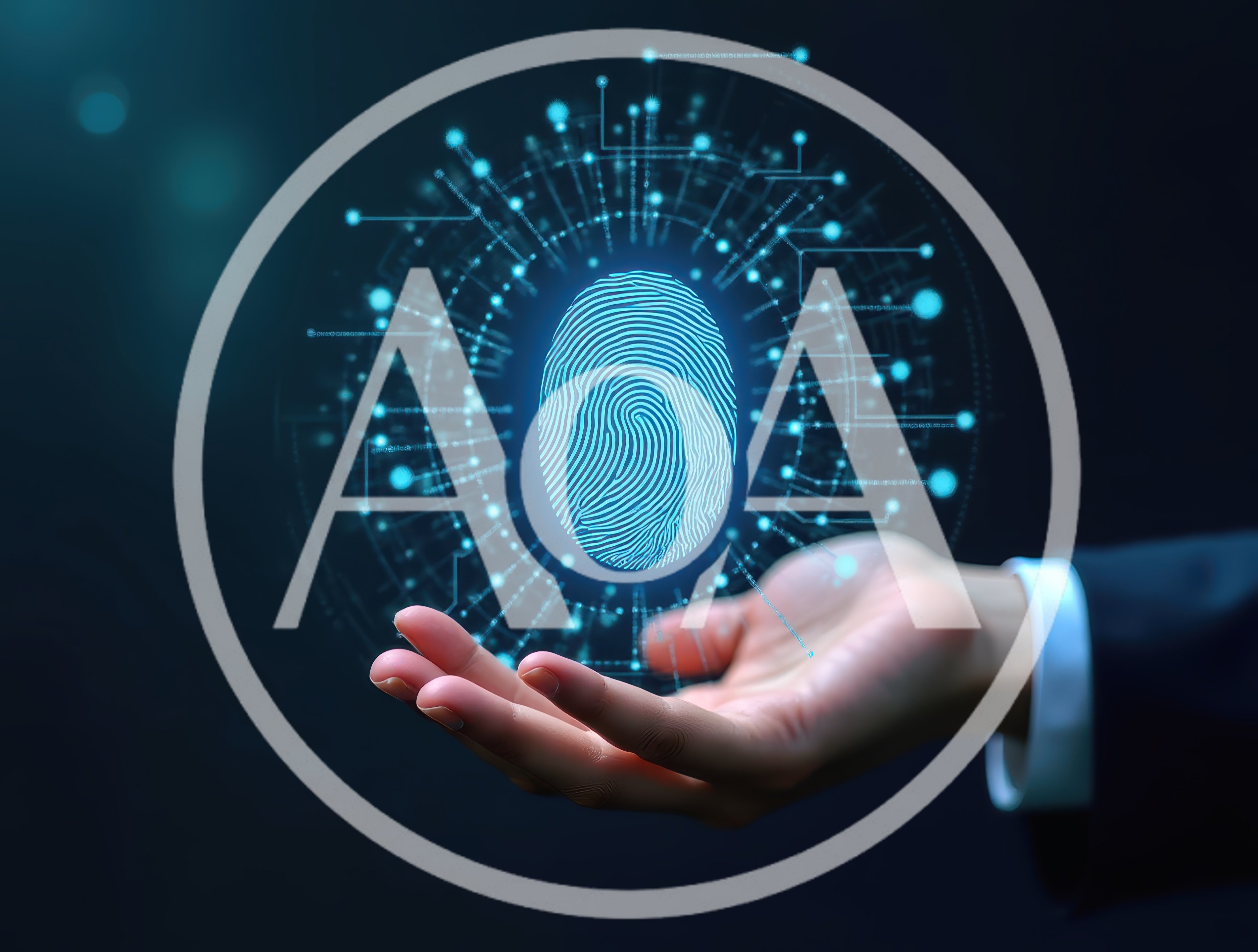Digital Fingerprint Hologram Hovering Above Human Hand