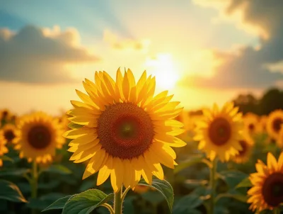 Vibrant Sunflowers Blooming In A Golden Hour Field