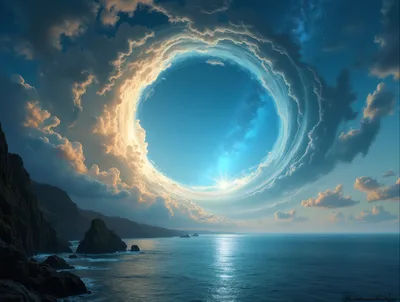 Surreal Celestial Portal Above A Coastal Ocean Landscape