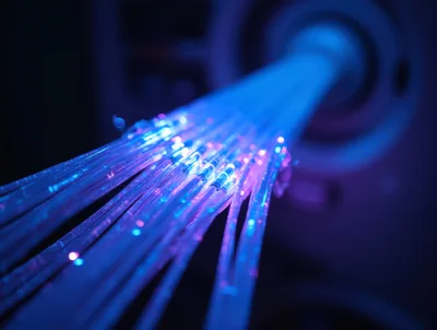 Fiber Optic Cables Transmitting Data With Blue Light