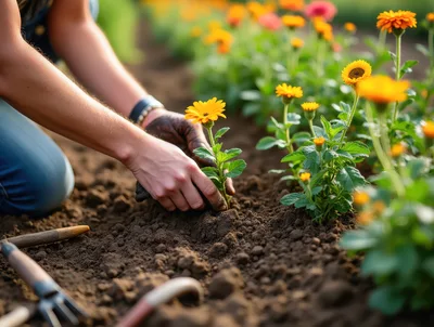 Gardener Planting Yellow Flowers In Soil