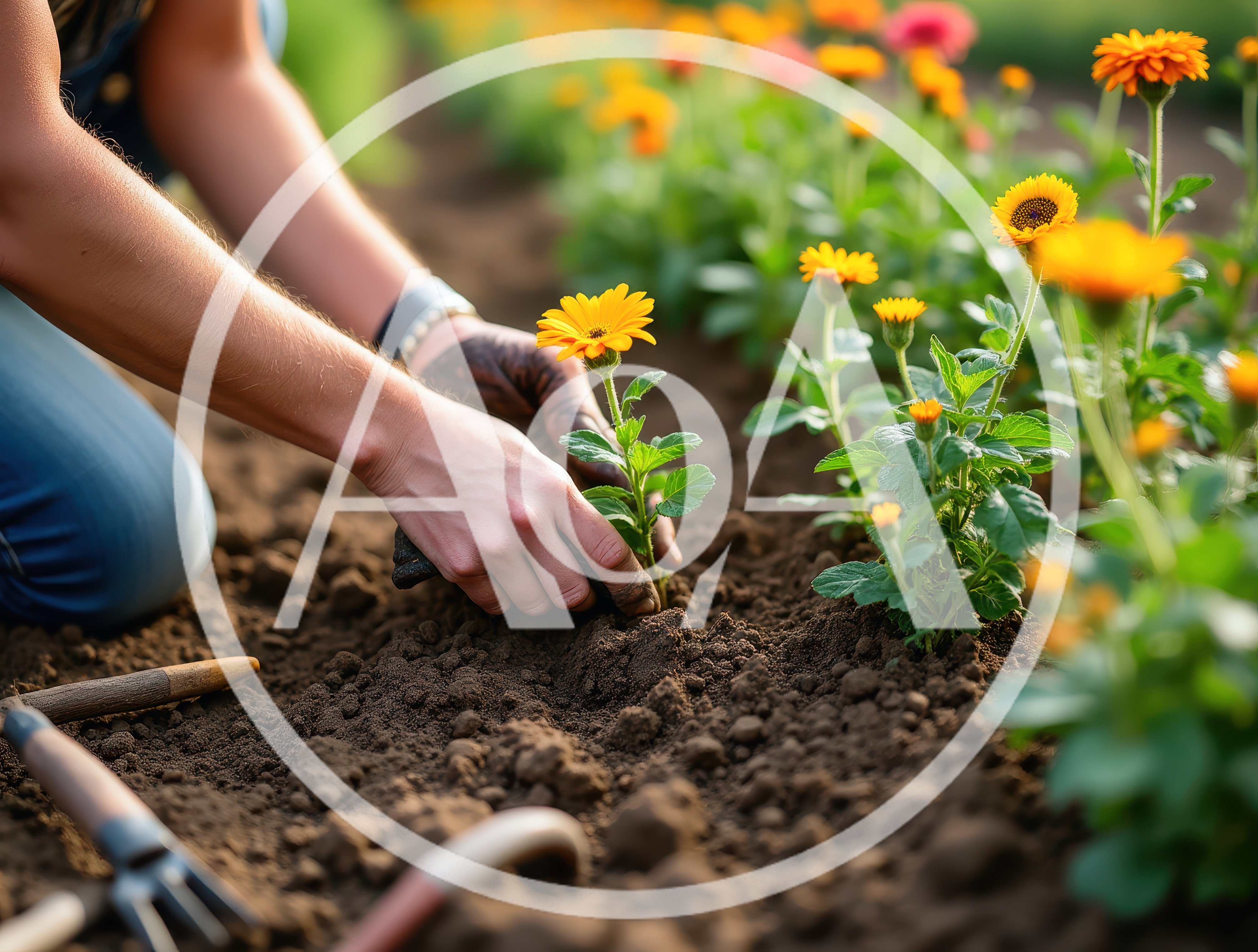 Gardener Planting Yellow Flowers In Soil