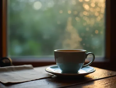 Steaming Cup Of Coffee On A Rainy Window Sill