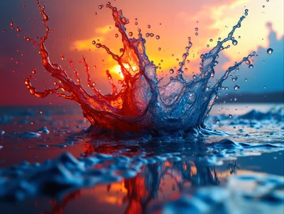 Dynamic Red and Blue Water Splash at Sunset