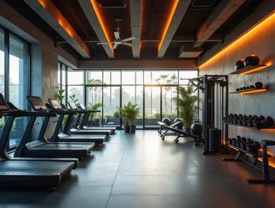 Modern Luxury Gym Interior With Treadmills And Weights