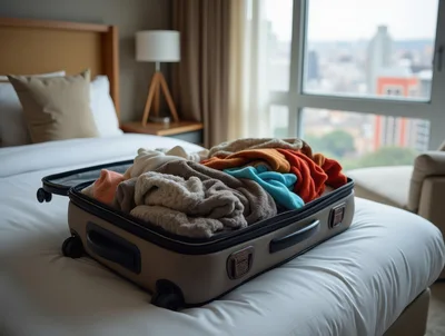 Open Suitcase Packed With Clothing On Hotel Bed