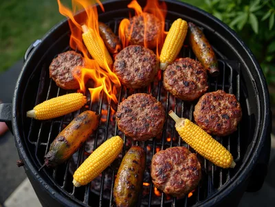Grilled Burgers And Corn On A Charcoal Grill
