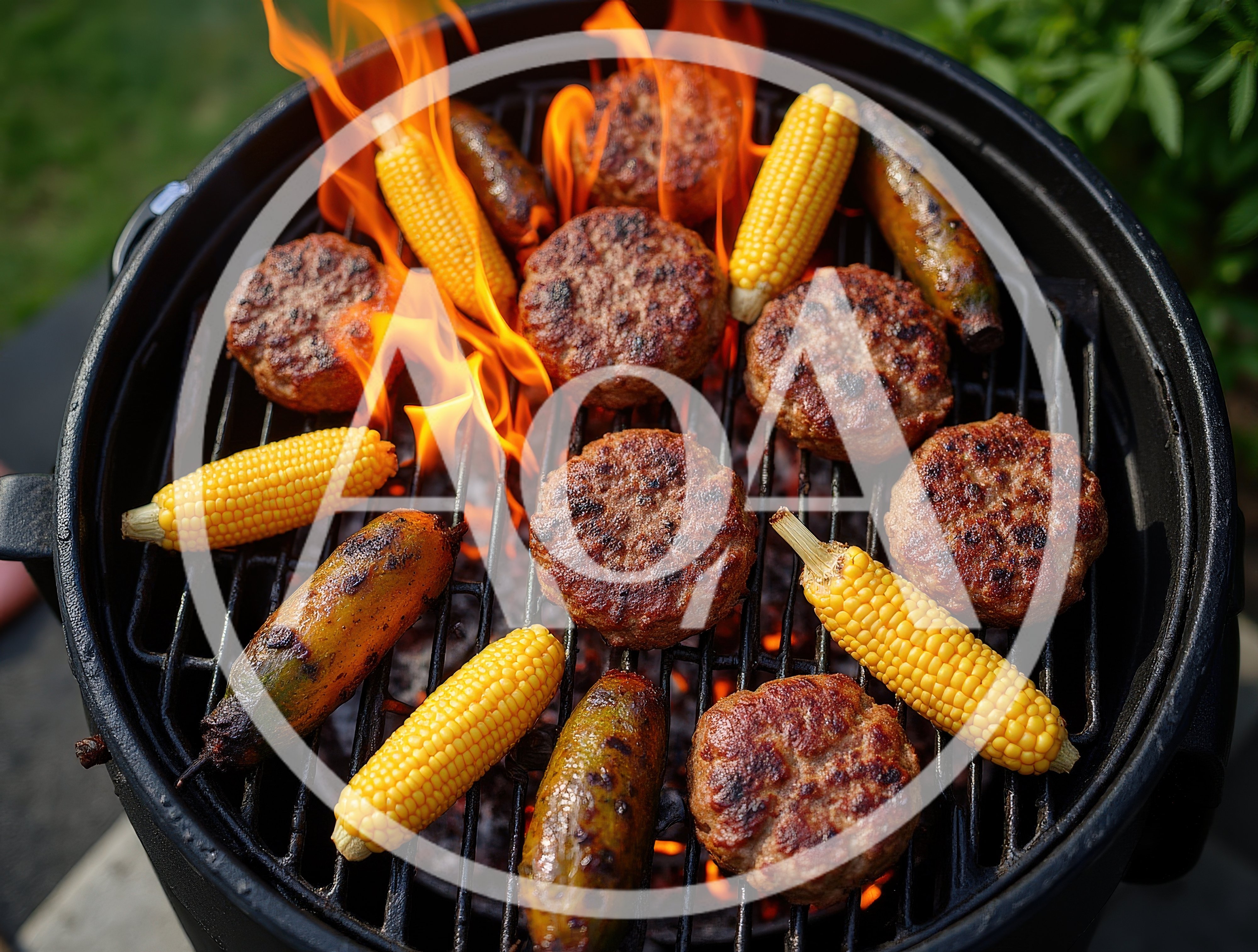 Grilled Burgers And Corn On A Charcoal Grill