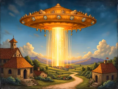 Golden UFO Hovering Over A Quaint European Village