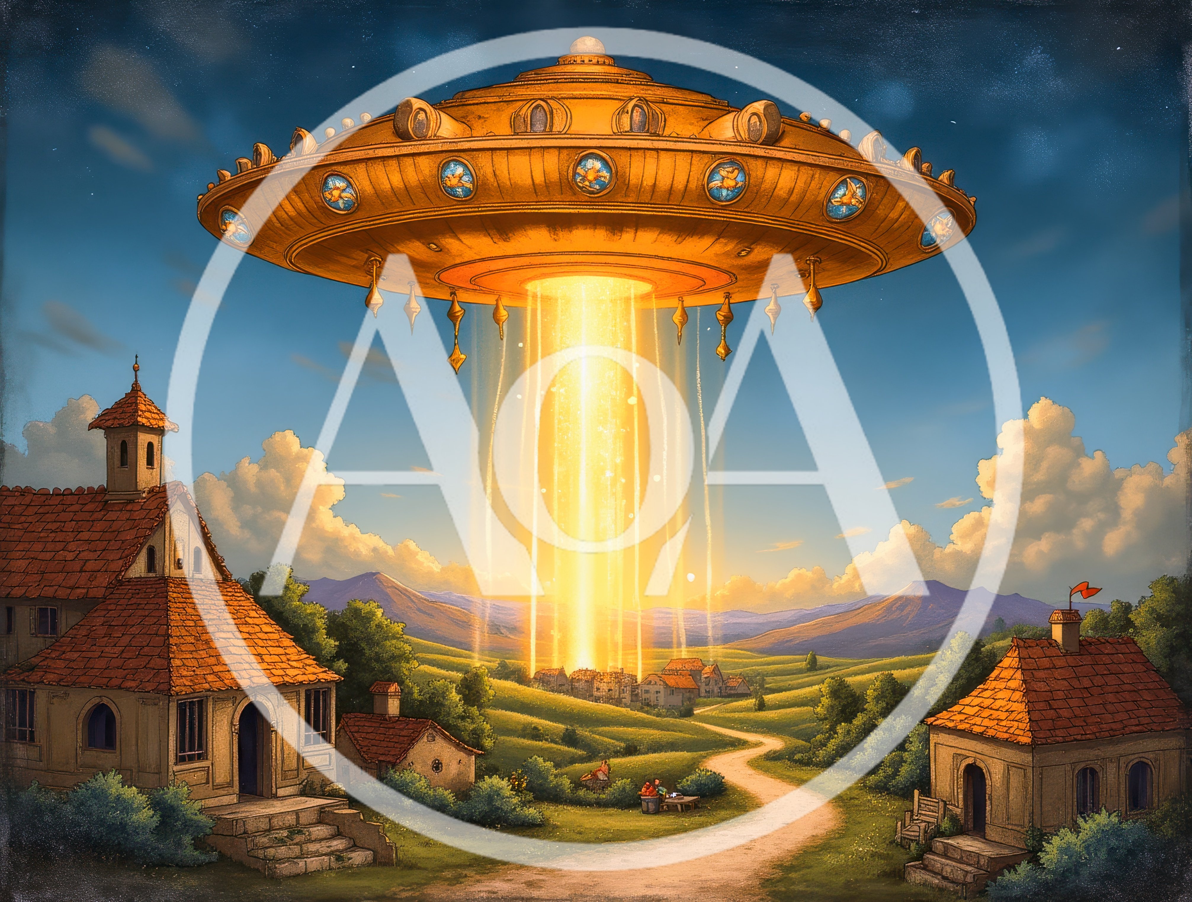 Golden UFO Hovering Over A Quaint European Village