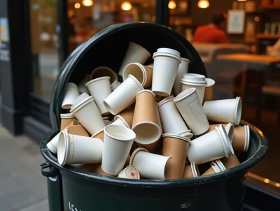 Overflowing Trash Bin Filled With Used Coffee Cups