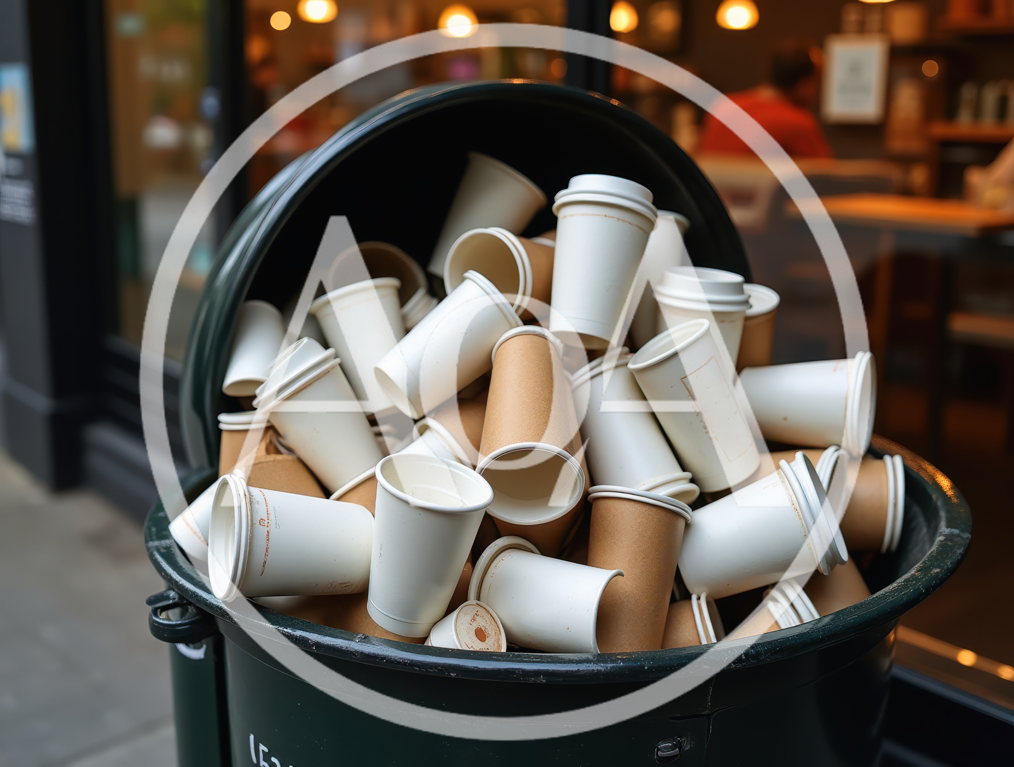 Overflowing Trash Bin Filled With Used Coffee Cups