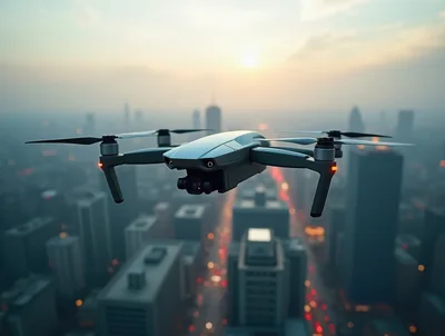 Drone Flying Over A Modern City At Sunset