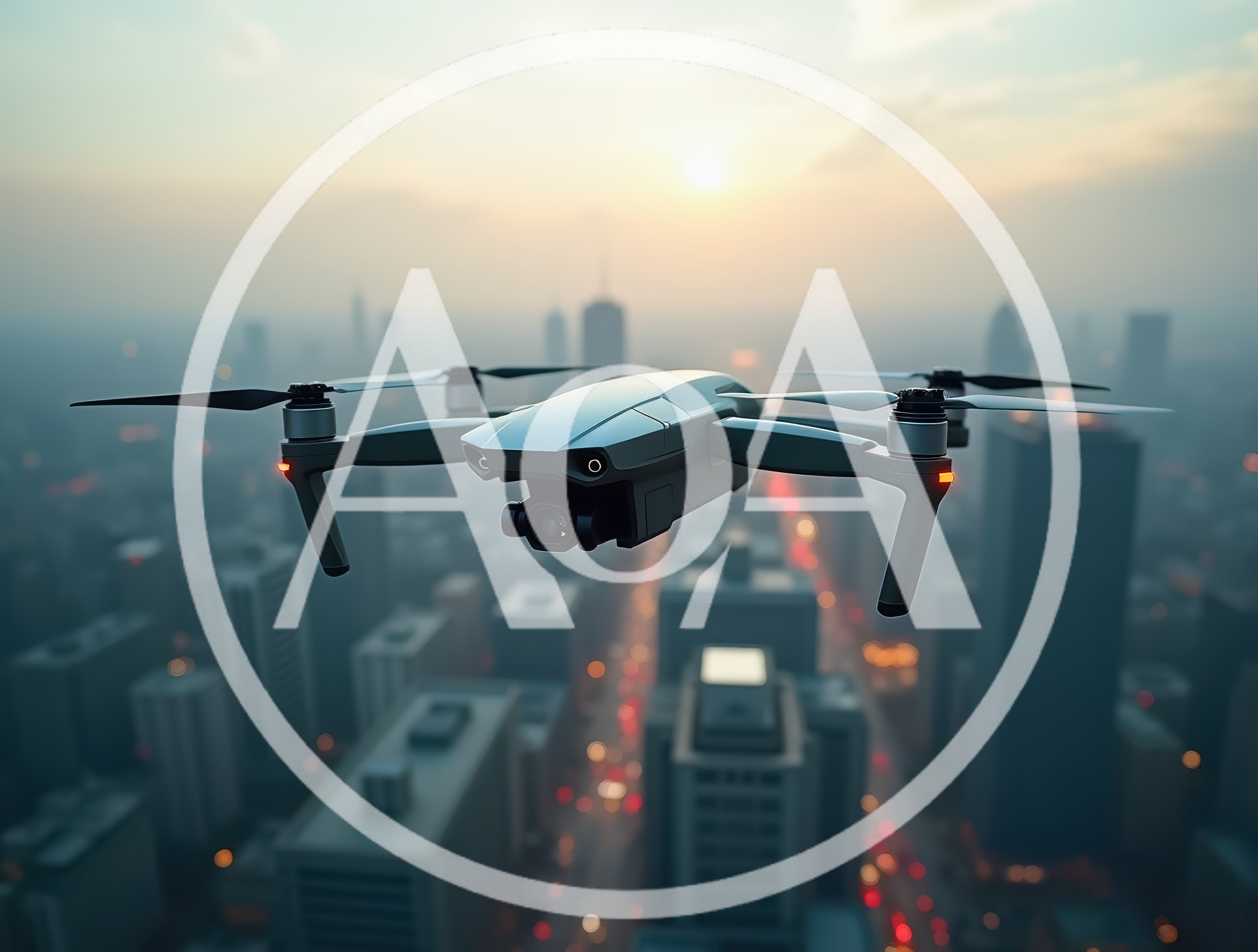 Drone Flying Over A Modern City At Sunset