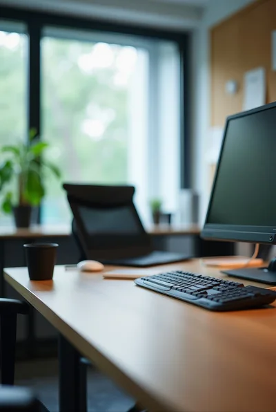 Modern Office Desk With Computer And Coffee Cup