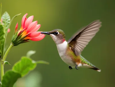 Ruby-Throated Hummingbird Hovering Near A Pink Flower