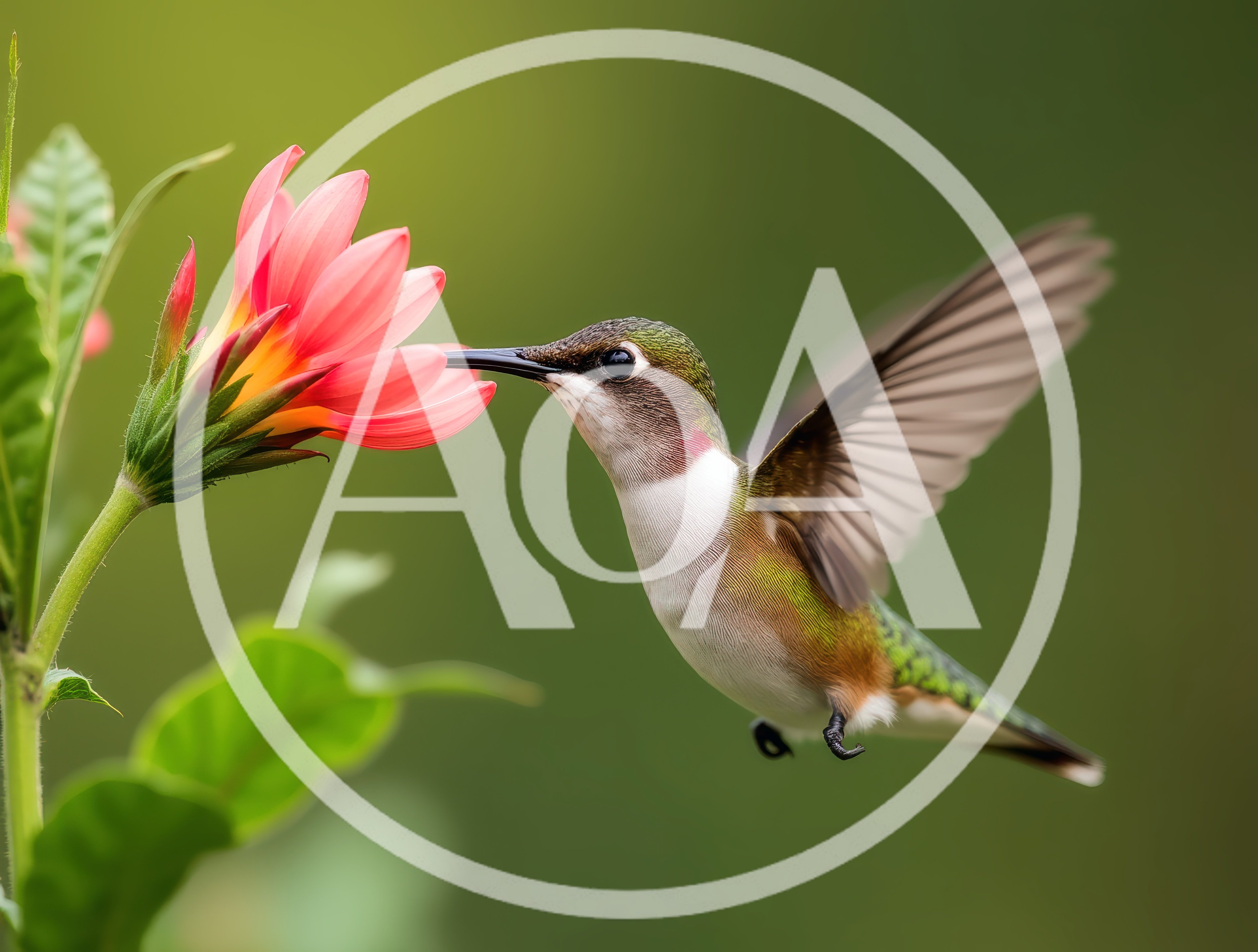 Ruby-Throated Hummingbird Hovering Near A Pink Flower