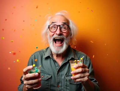 Excited Elderly Man Celebrating With Drinks And Confetti
