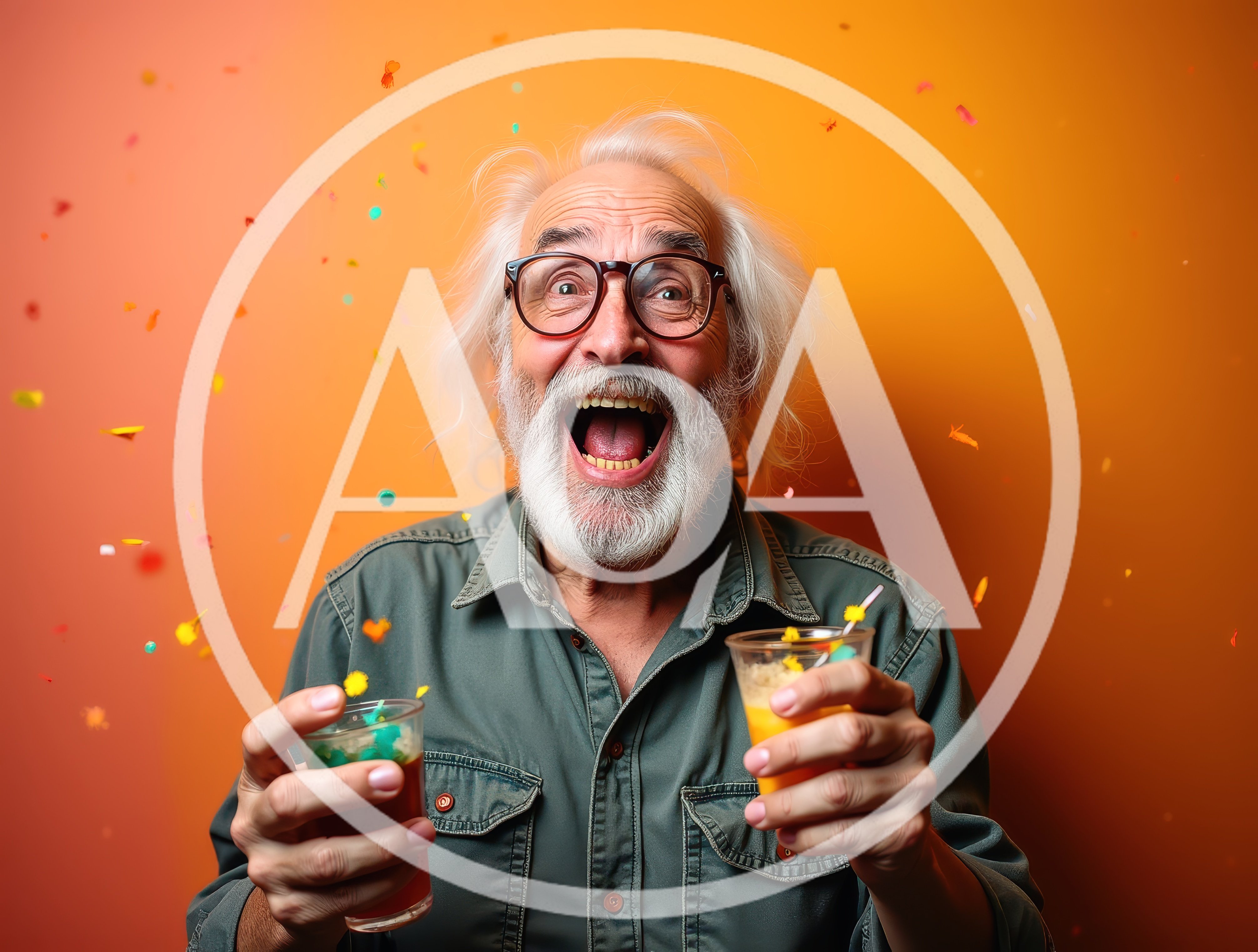 Excited Elderly Man Celebrating With Drinks And Confetti
