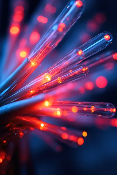 Macro View of Glowing Red Fiber Optic Cables