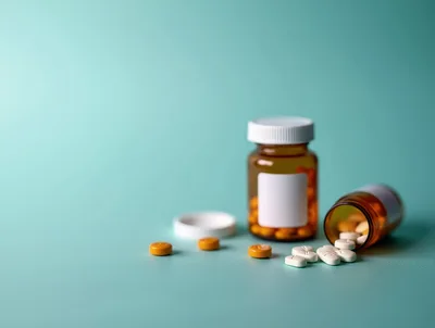 Amber Pill Bottles With Assorted Medication Tablets
