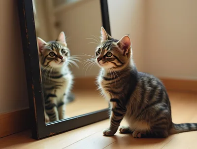 Tabby Kitten Looking At Its Reflection In A Mirror