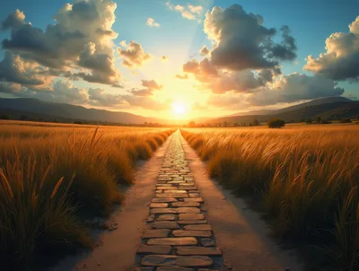Stone Path Through Golden Wheat Field At Sunset