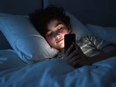 Young Person Using Smartphone In Bed At Night
